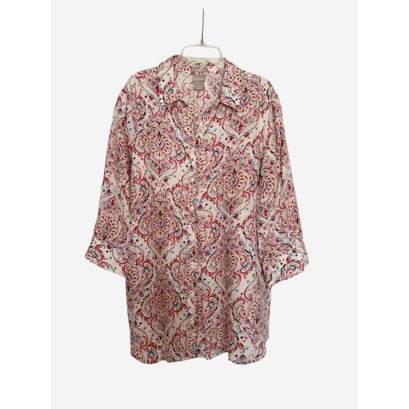 Chico's Women Linen Tunic Button Up No Iron Size 2, Large Floral Paisley - Picture 2 of 5